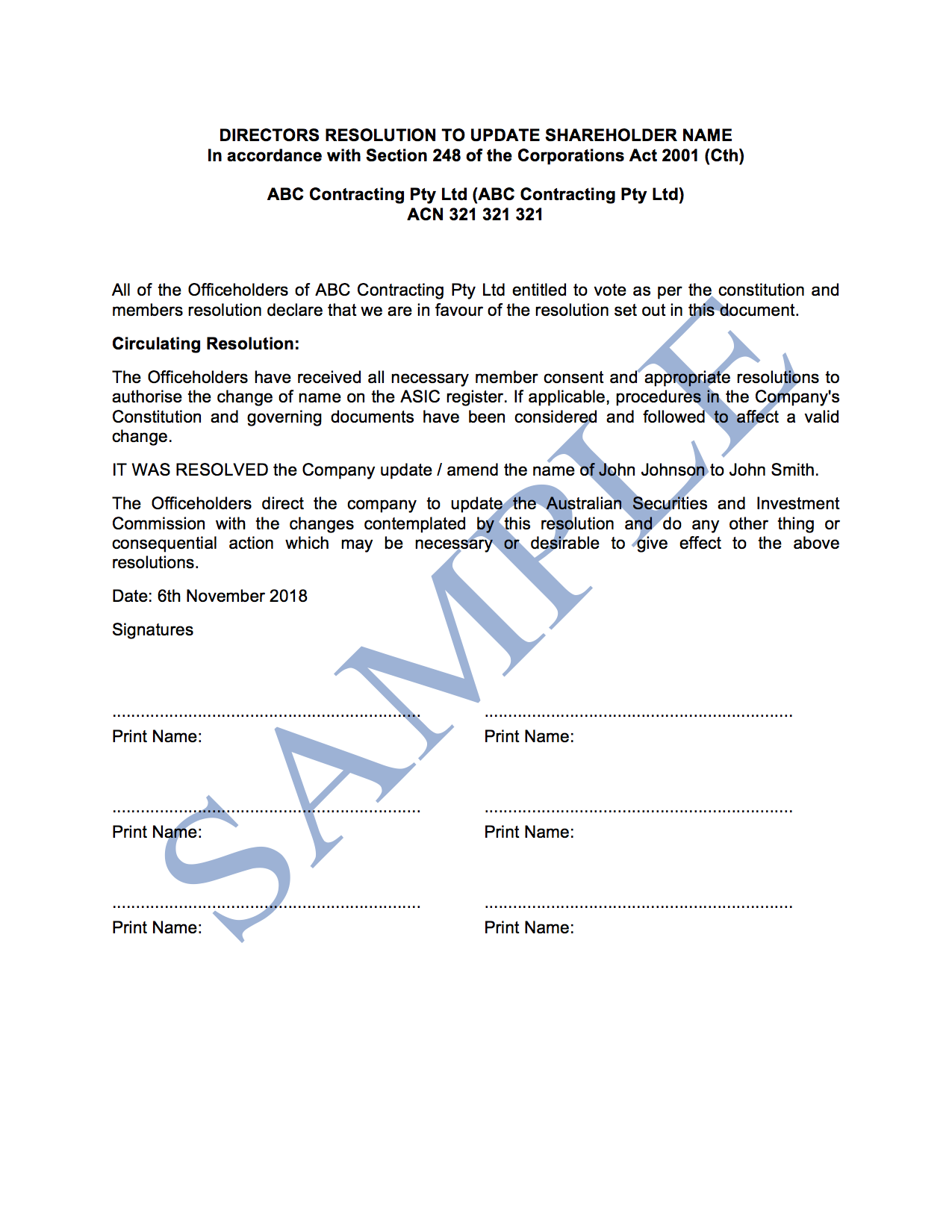Directors Resolution to Update Shareholder Name